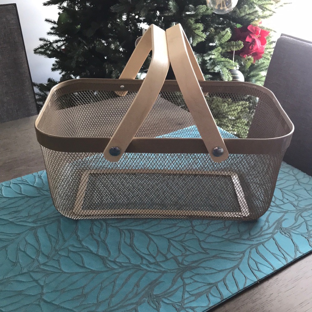 Elegant Tan Mesh Metal Basket with Wooden Handles